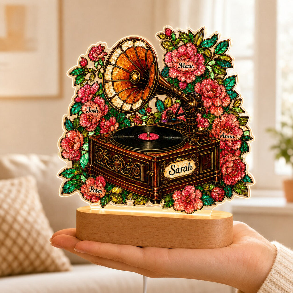 Personalized Vintage Gramophone & Camellias Wavy Acrylic Night Light