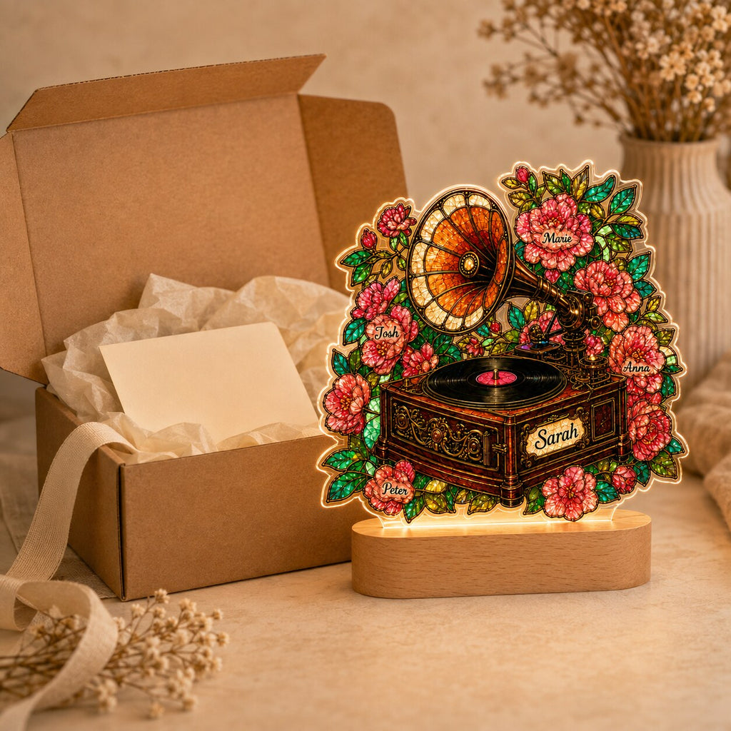 Personalized Vintage Gramophone & Camellias Wavy Acrylic Night Light