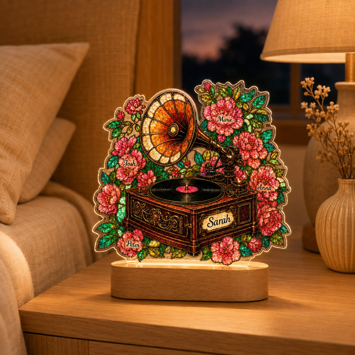 Personalized Vintage Gramophone & Camellias Wavy Acrylic Night Light