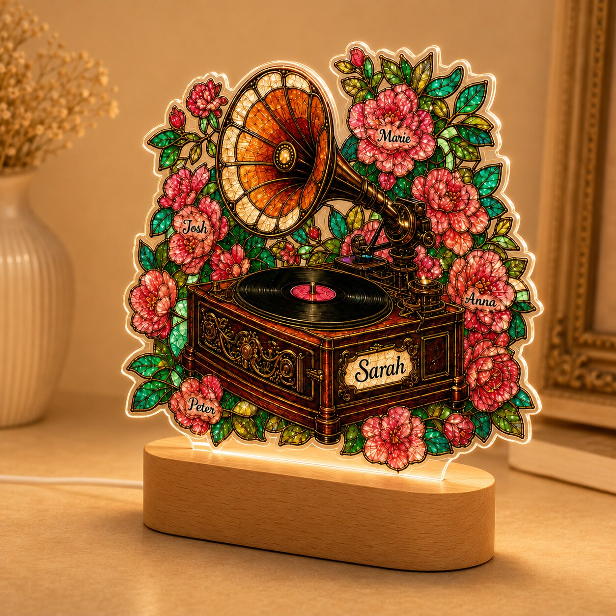 Personalized Vintage Gramophone & Camellias Wavy Acrylic Night Light