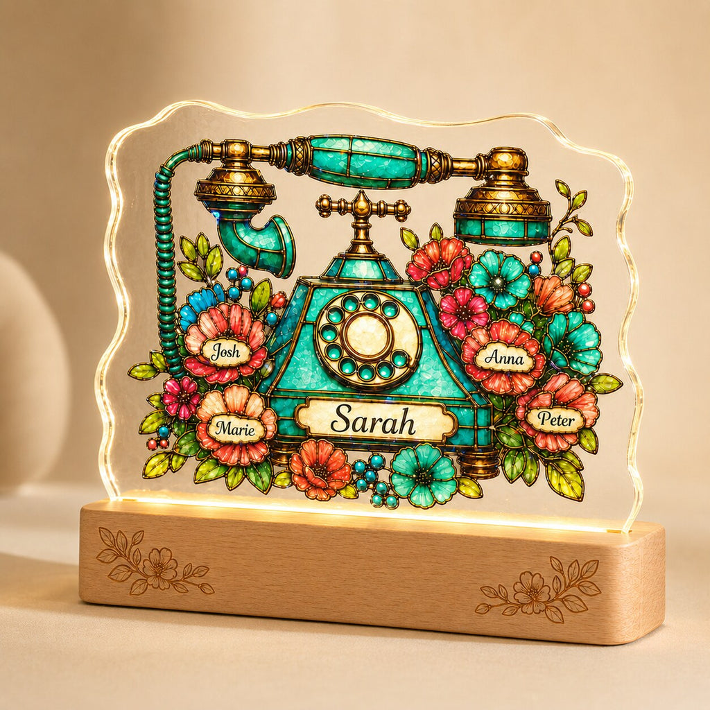 Personalized Vintage Rotary Telephone & Blooms Wavy Acrylic Night Light