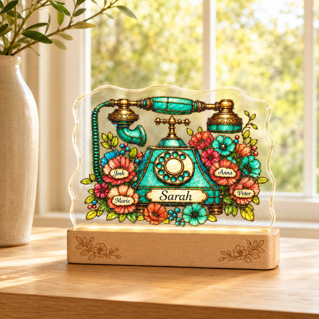 Personalized Vintage Rotary Telephone & Blooms Wavy Acrylic Night Light