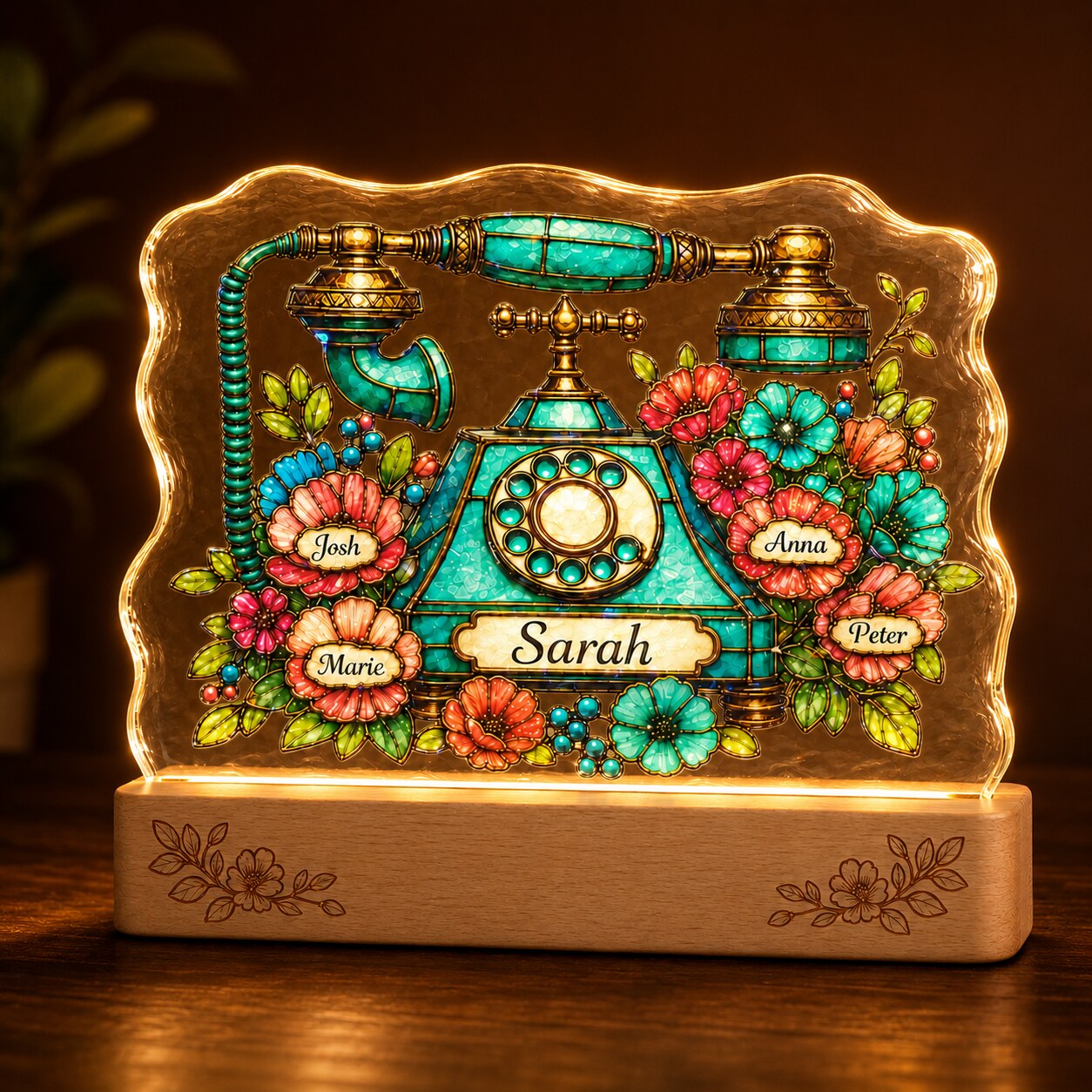 Personalized Vintage Rotary Telephone & Blooms Wavy Acrylic Night Light