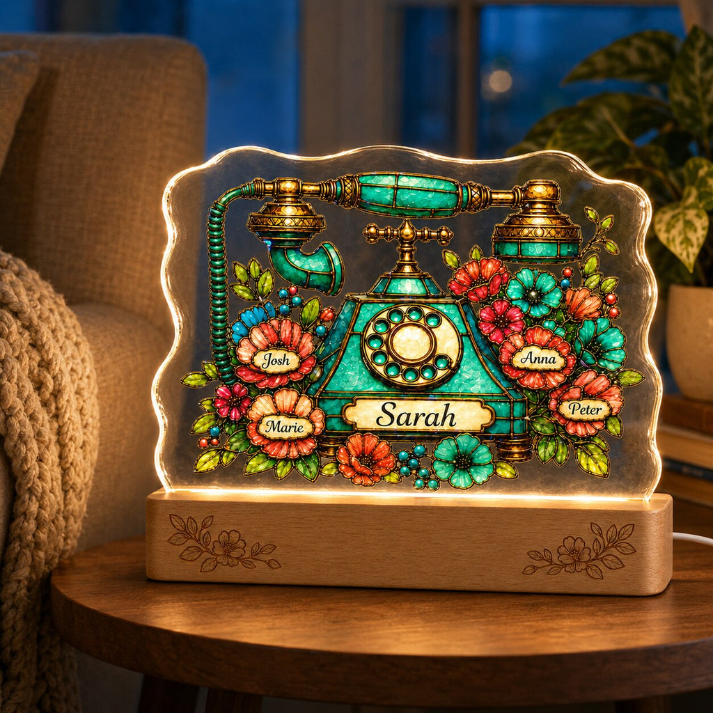 Personalized Vintage Rotary Telephone & Blooms Wavy Acrylic Night Light