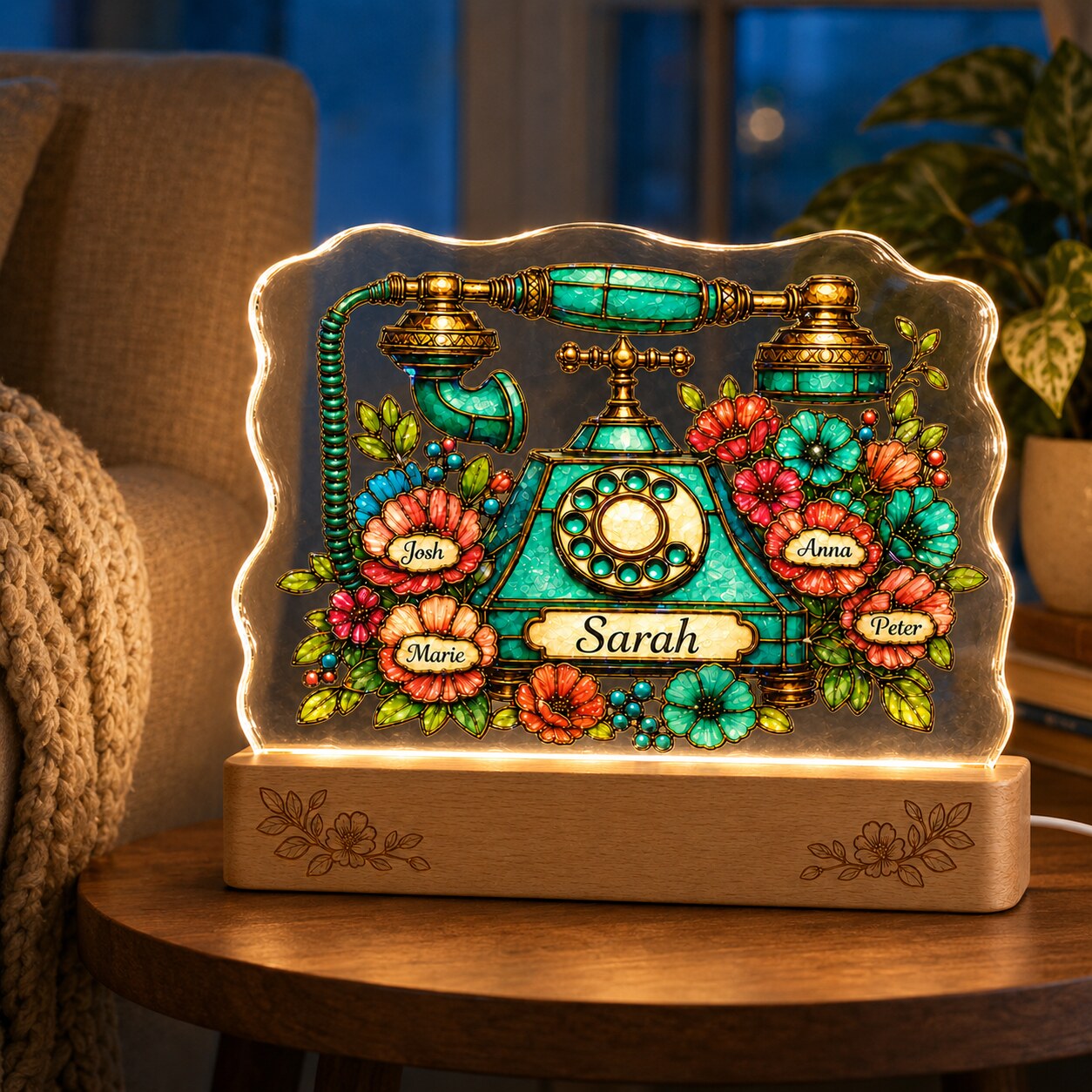 Personalized Vintage Rotary Telephone & Blooms Wavy Acrylic Night Light