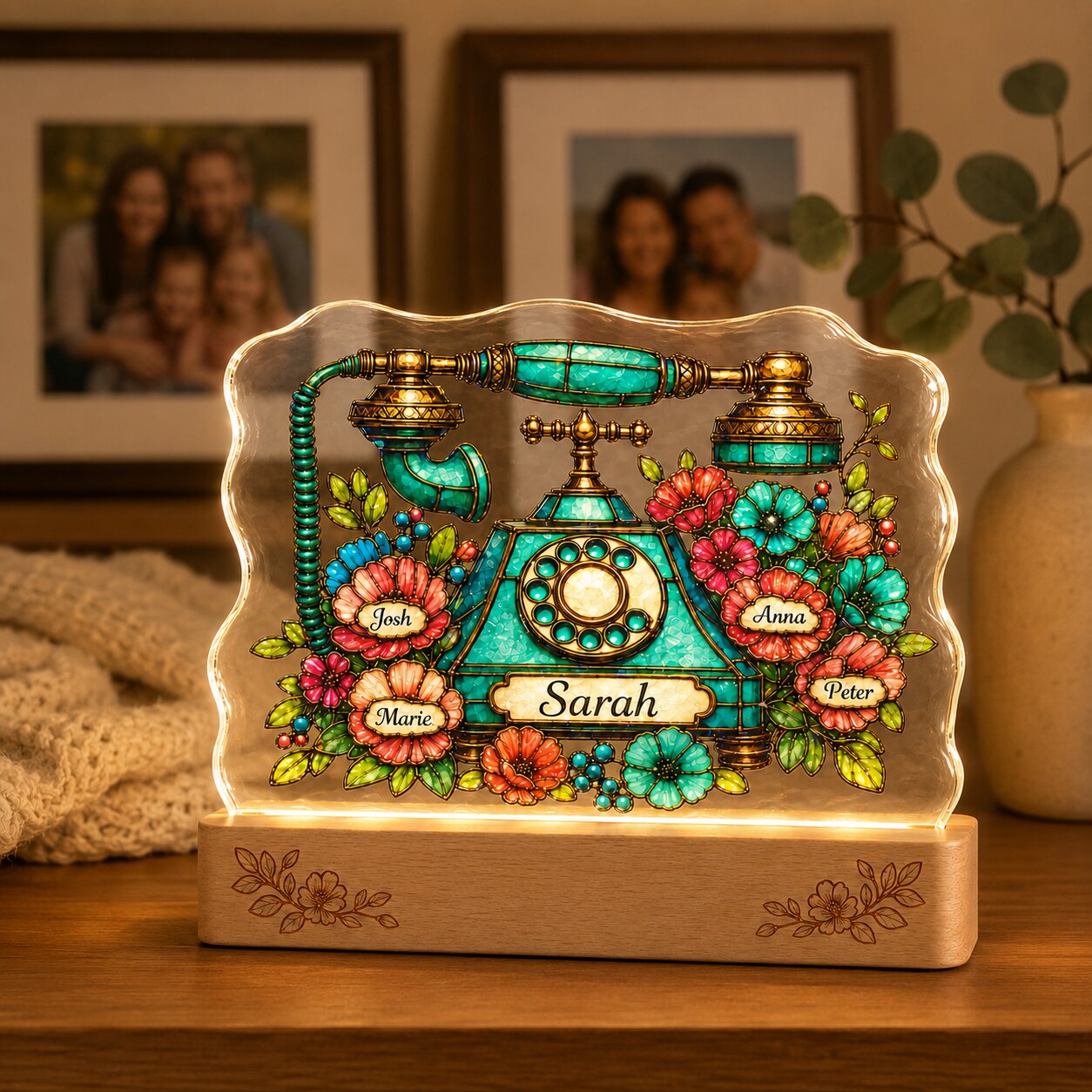 Personalized Vintage Rotary Telephone & Blooms Wavy Acrylic Night Light