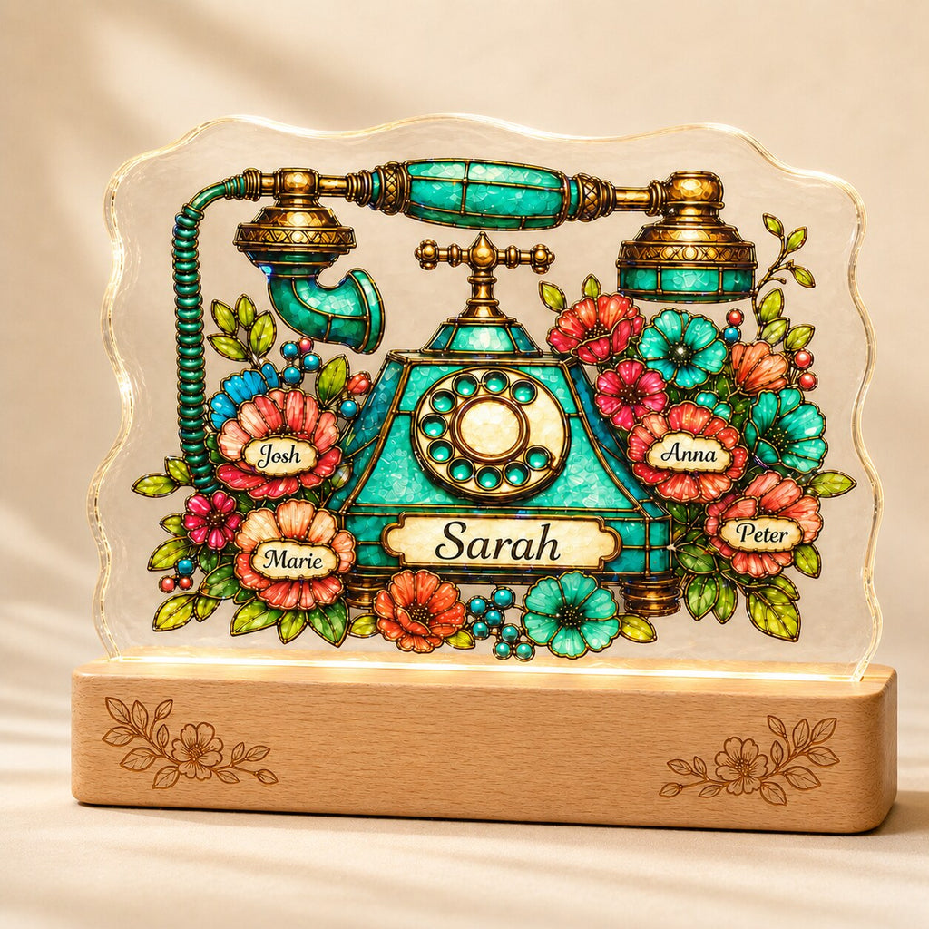 Personalized Vintage Rotary Telephone & Blooms Wavy Acrylic Night Light