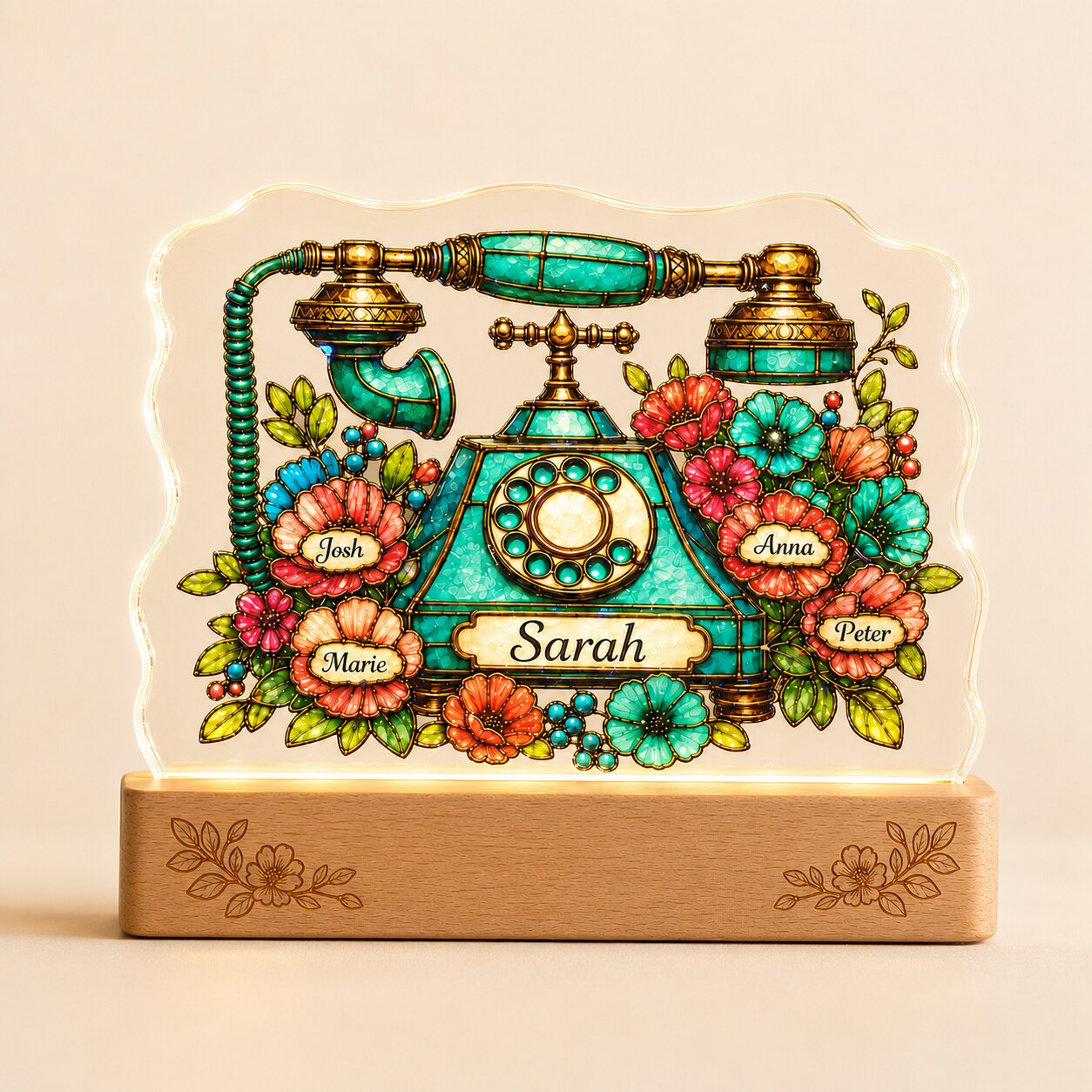 Personalized Vintage Rotary Telephone & Blooms Wavy Acrylic Night Light