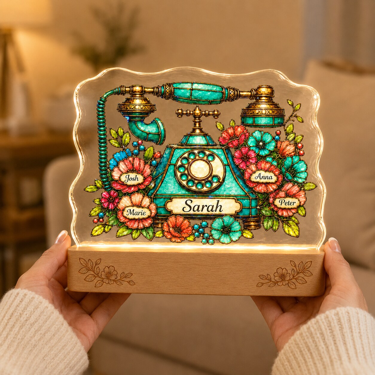 Personalized Vintage Rotary Telephone & Blooms Wavy Acrylic Night Light