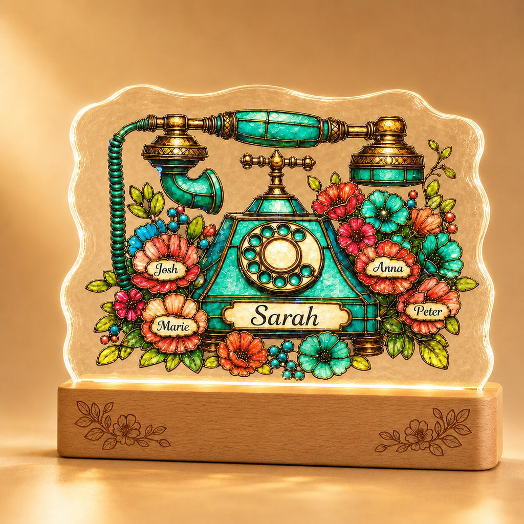 Personalized Vintage Rotary Telephone & Blooms Wavy Acrylic Night Light