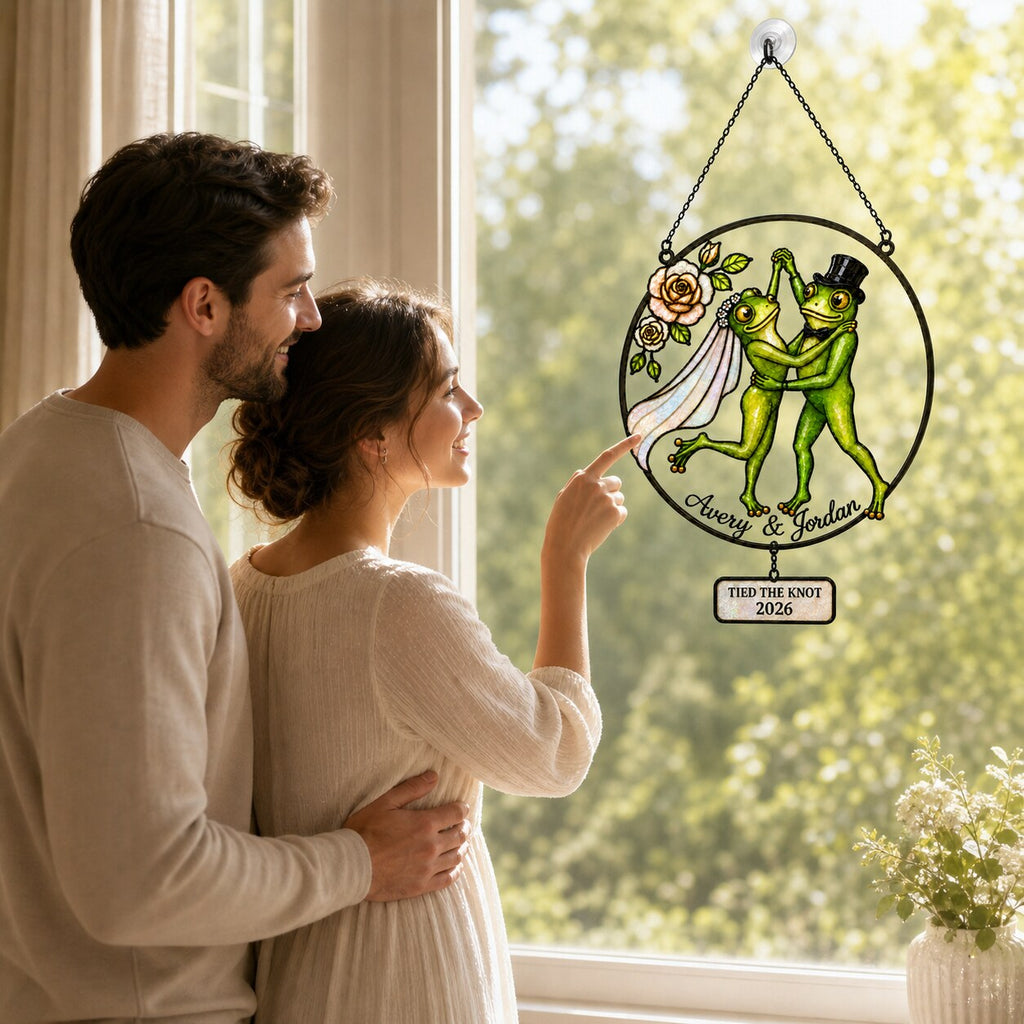 Personalized Wedding Frog Couple Tied the Knot Holographic Acrylic Suncatcher