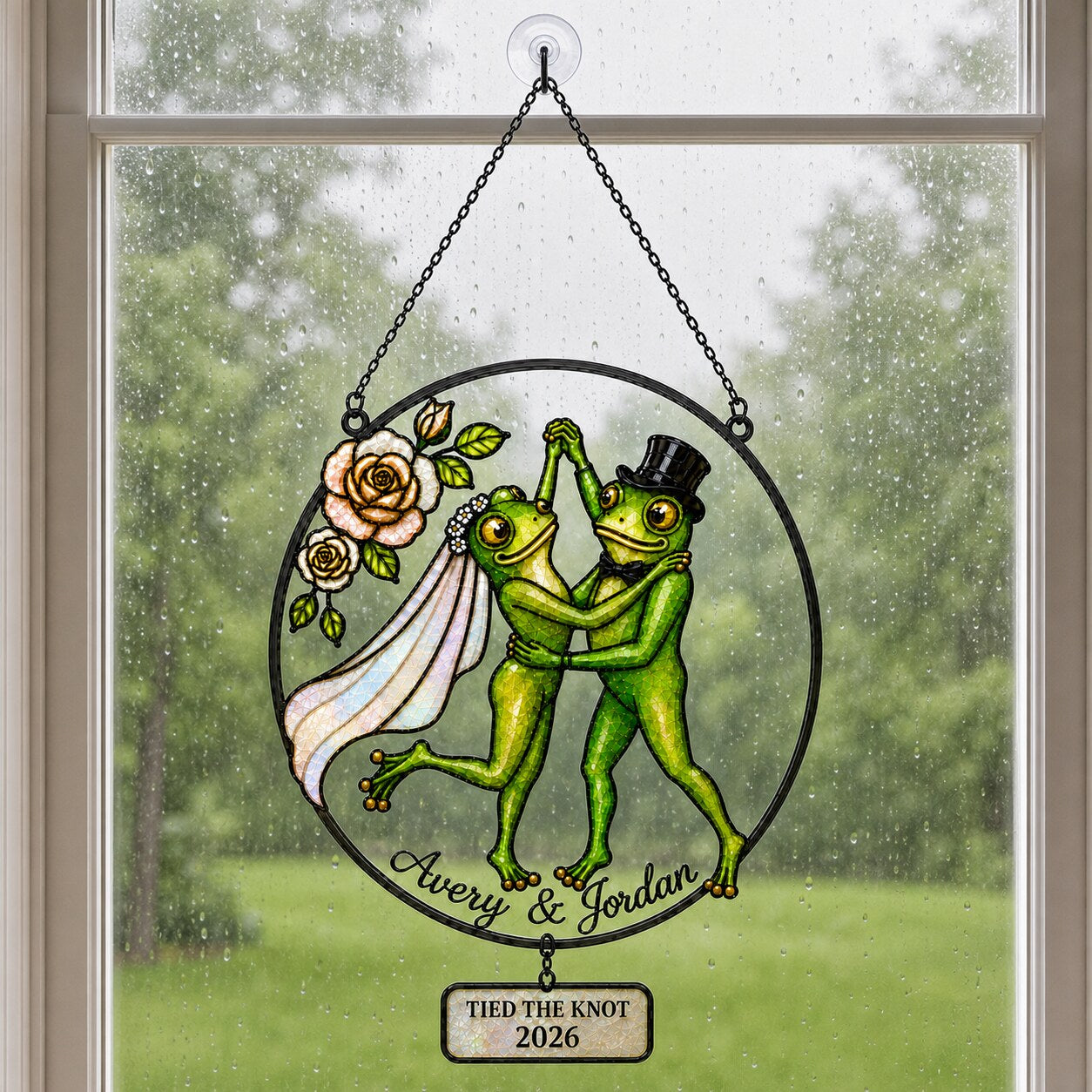 Personalized Wedding Frog Couple Tied the Knot Holographic Acrylic Suncatcher
