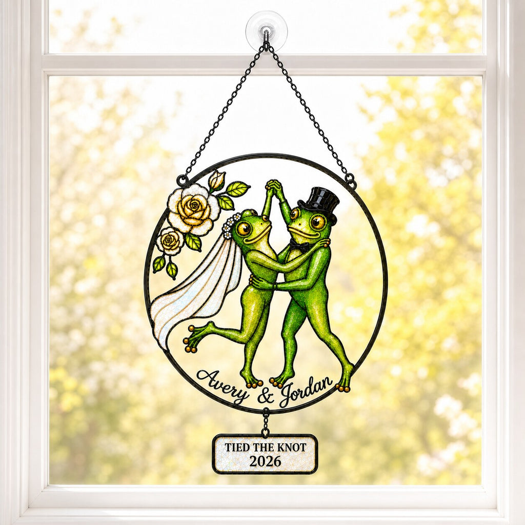 Personalized Wedding Frog Couple Tied the Knot Holographic Acrylic Suncatcher