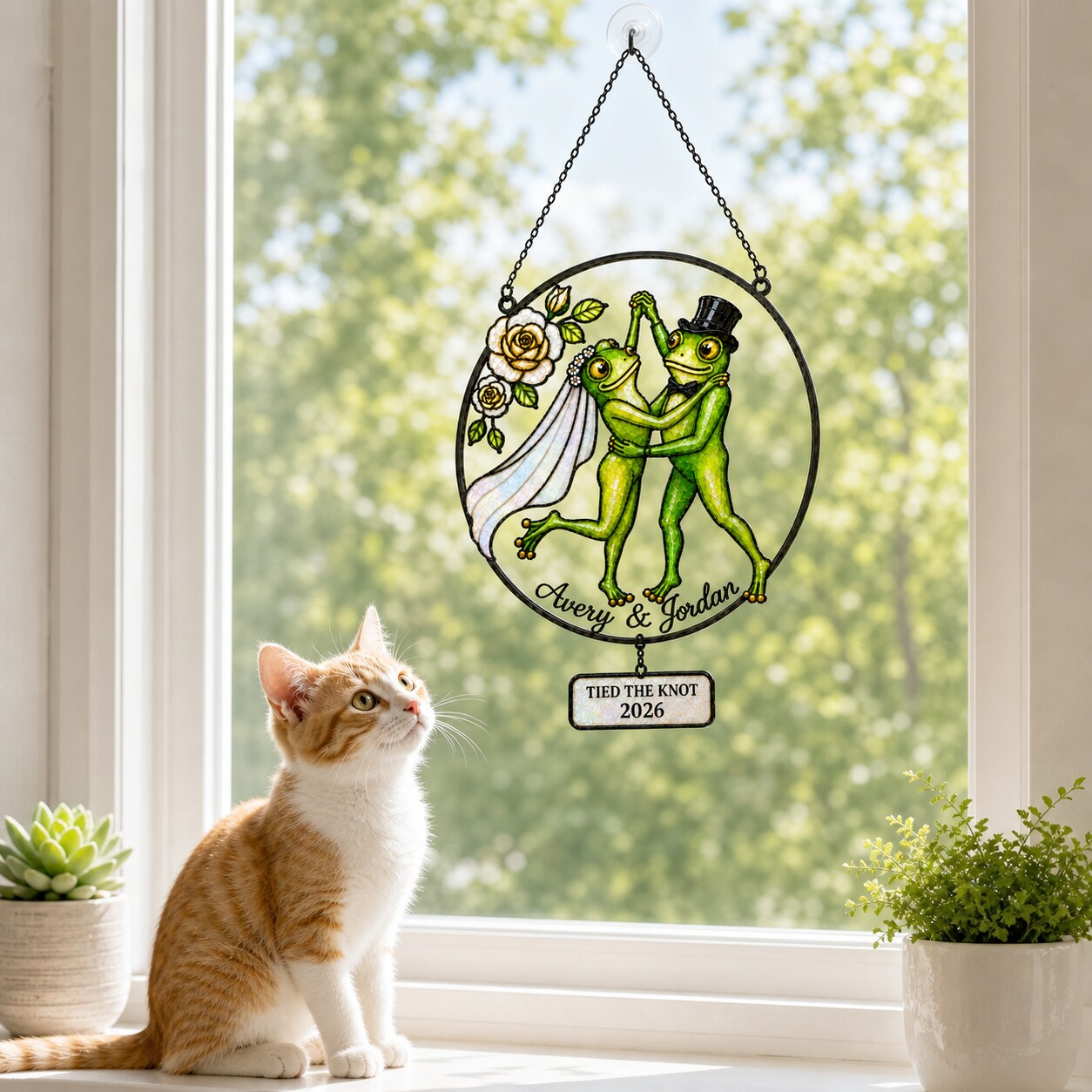 Personalized Wedding Frog Couple Tied the Knot Holographic Acrylic Suncatcher