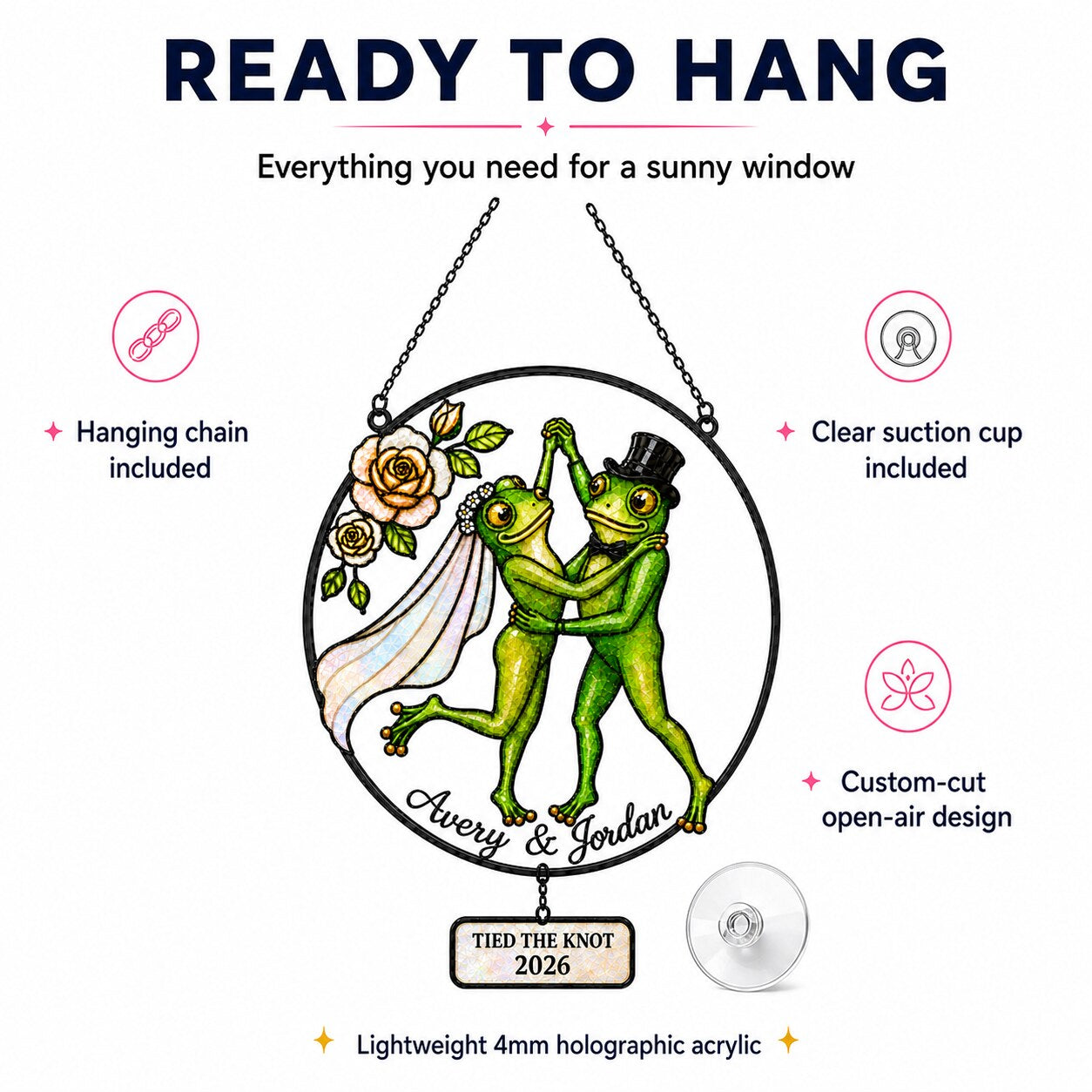 Personalized Wedding Frog Couple Tied the Knot Holographic Acrylic Suncatcher