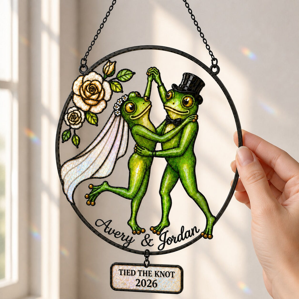 Personalized Wedding Frog Couple Tied the Knot Holographic Acrylic Suncatcher