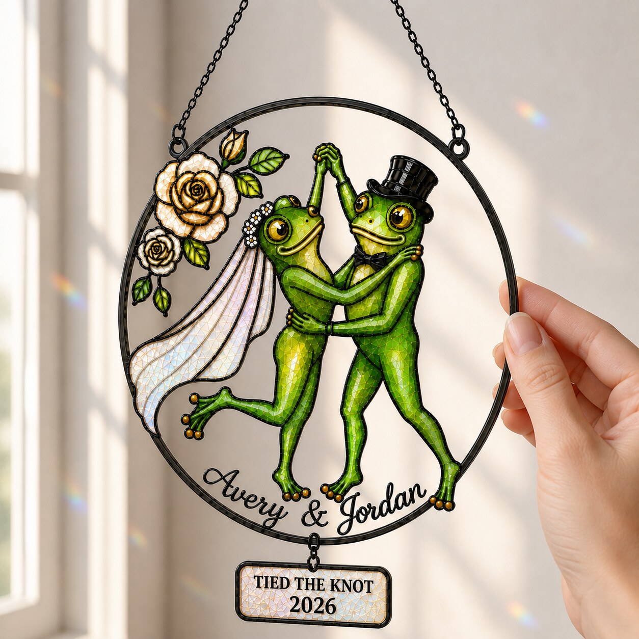 Personalized Wedding Frog Couple Tied the Knot Holographic Acrylic Suncatcher