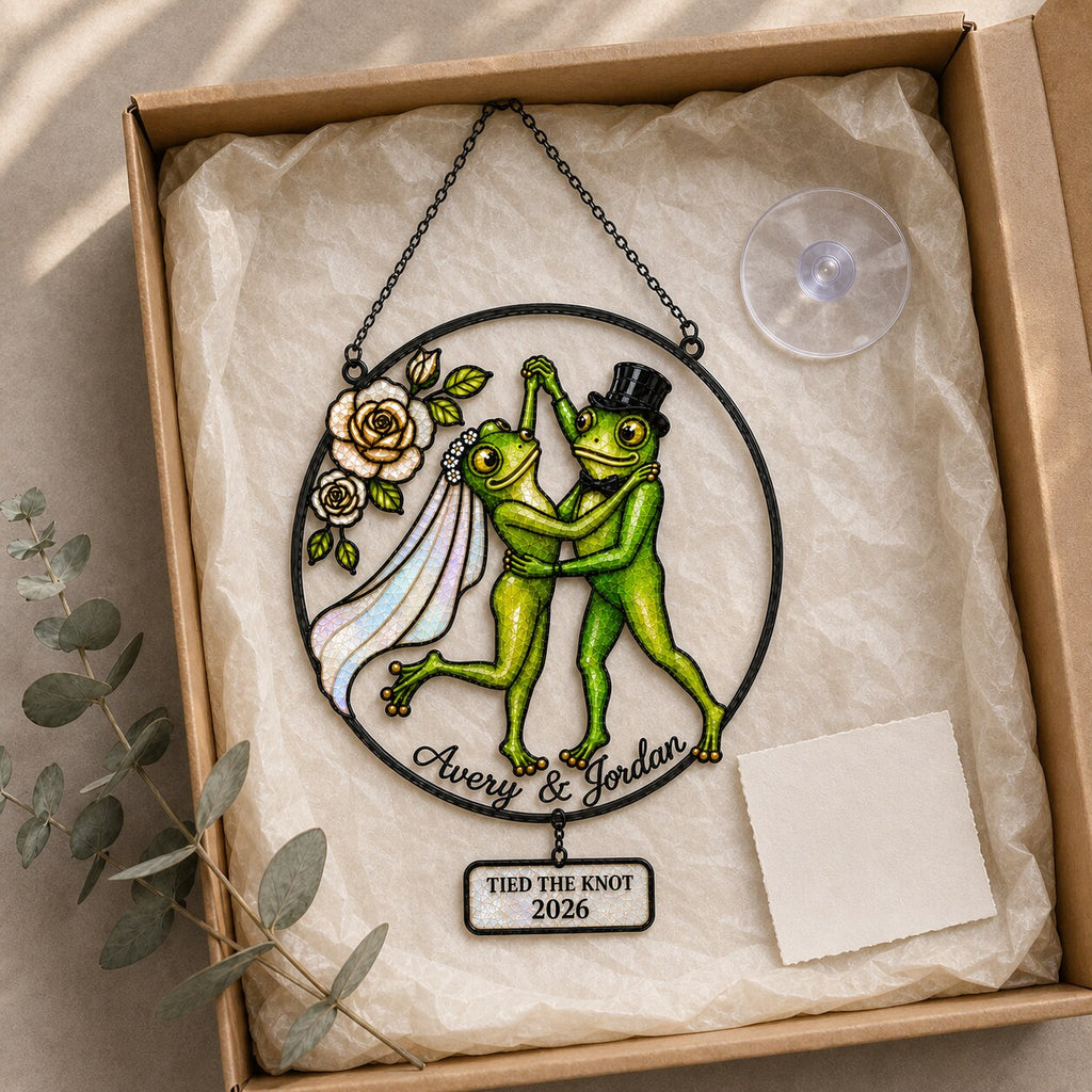 Personalized Wedding Frog Couple Tied the Knot Holographic Acrylic Suncatcher