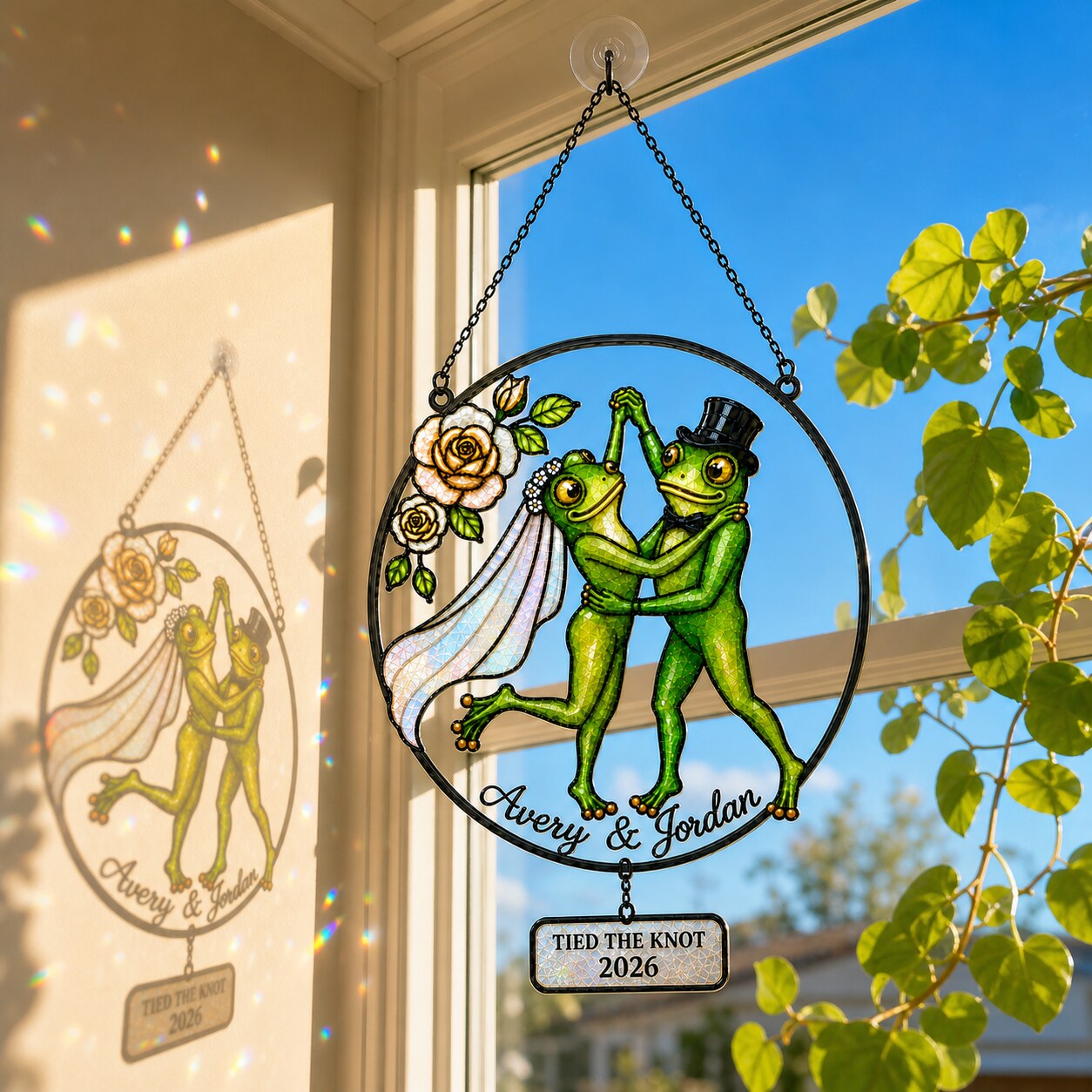 Personalized Wedding Frog Couple Tied the Knot Holographic Acrylic Suncatcher