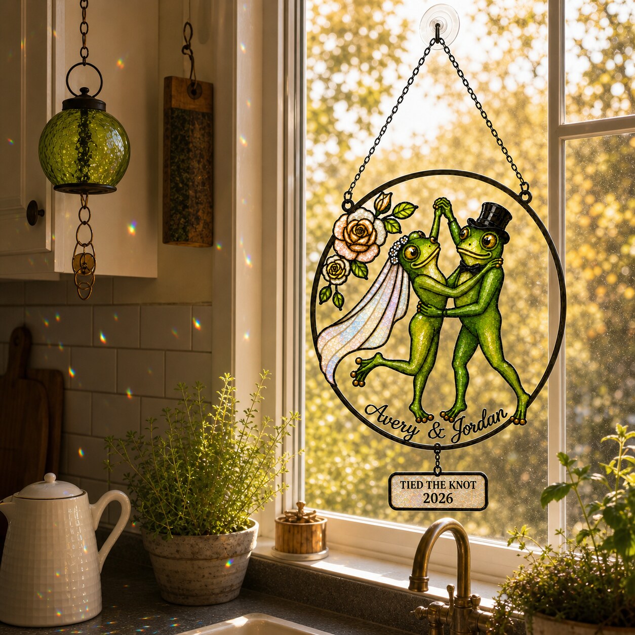 Personalized Wedding Frog Couple Tied the Knot Holographic Acrylic Suncatcher