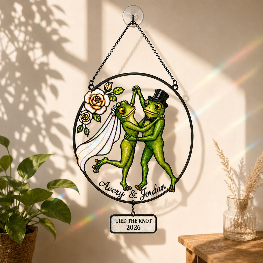 Personalized Wedding Frog Couple Tied the Knot Holographic Acrylic Suncatcher
