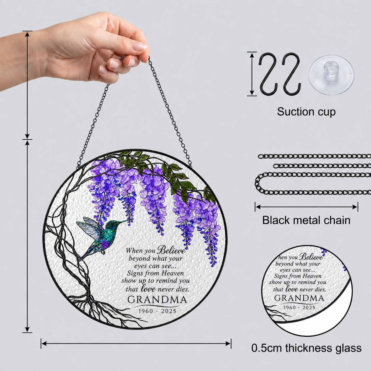 Memorial suncatcher details: black metal chain, suction cup, and 0.5 cm thick glass
