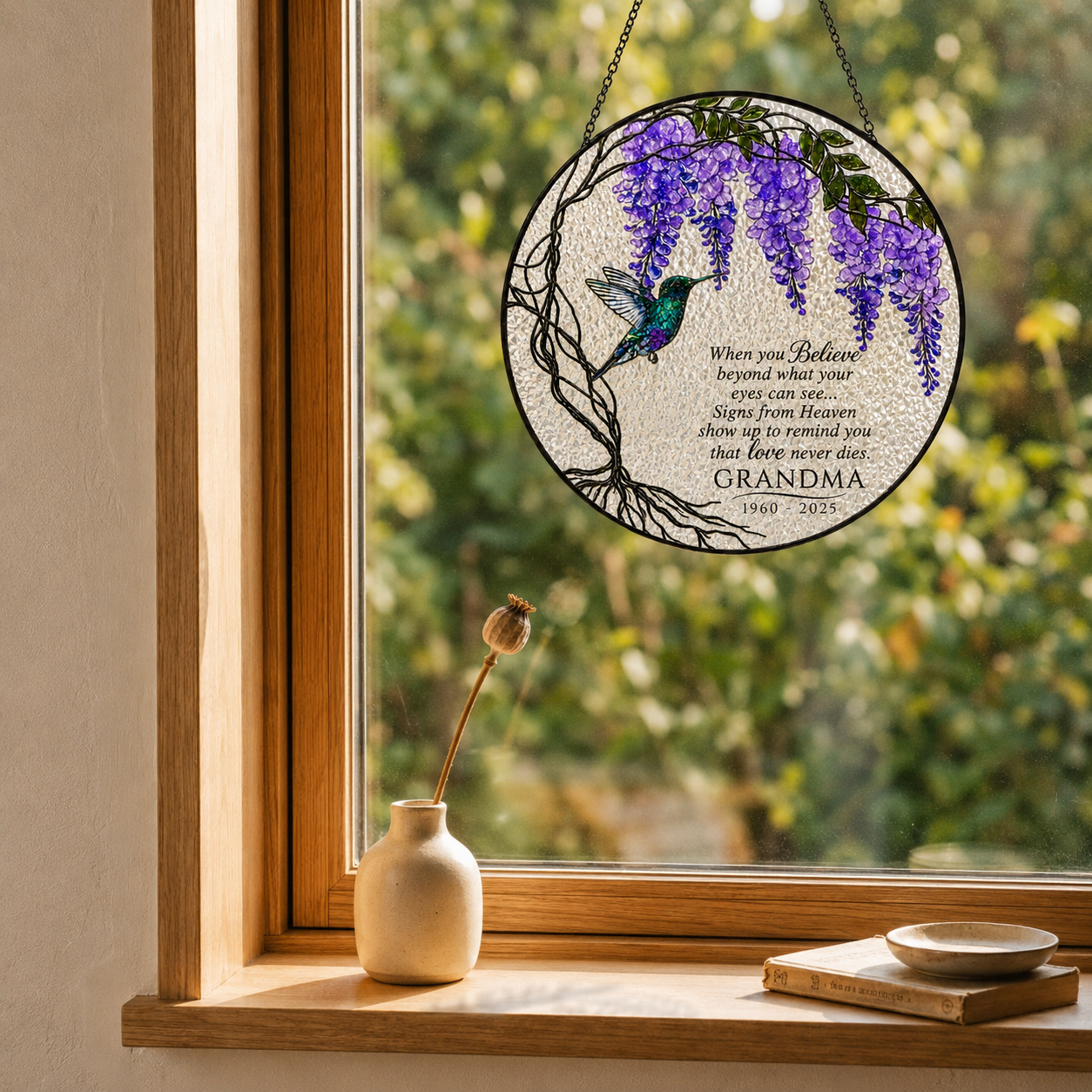 Wisteria hummingbird memorial suncatcher in a cozy window with soft natural light