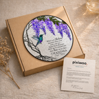 Wisteria hummingbird memorial suncatcher on Pixiwoo gift packaging with a thank-you card