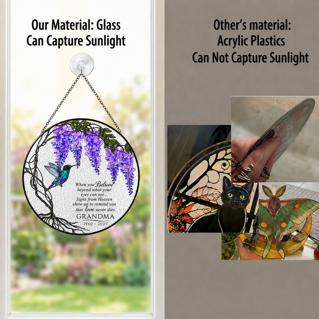 Real glass memorial suncatcher compared with acrylic, glass captures sunlight