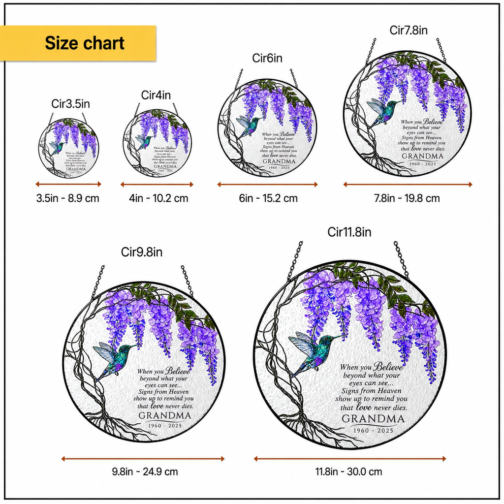 Memorial suncatcher size chart with 3.5, 4, 6, 7.8, 9.8, and 11.8 inch options
