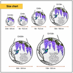 Memorial suncatcher size chart with 3.5, 4, 6, 7.8, 9.8, and 11.8 inch options
