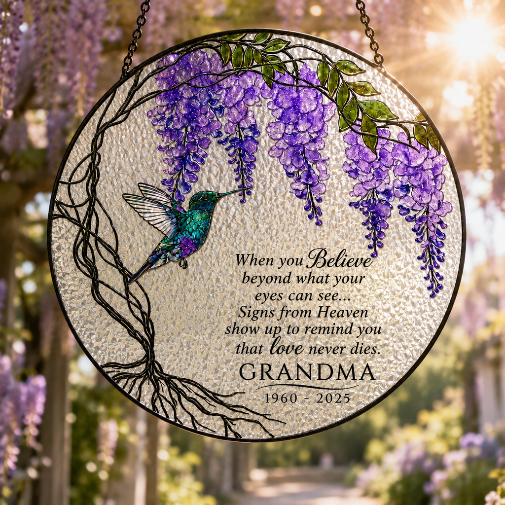 Memorial suncatcher near a sunlit window with wisteria and soft light
