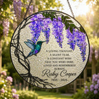 Personalized wisteria memorial suncatcher in a window
