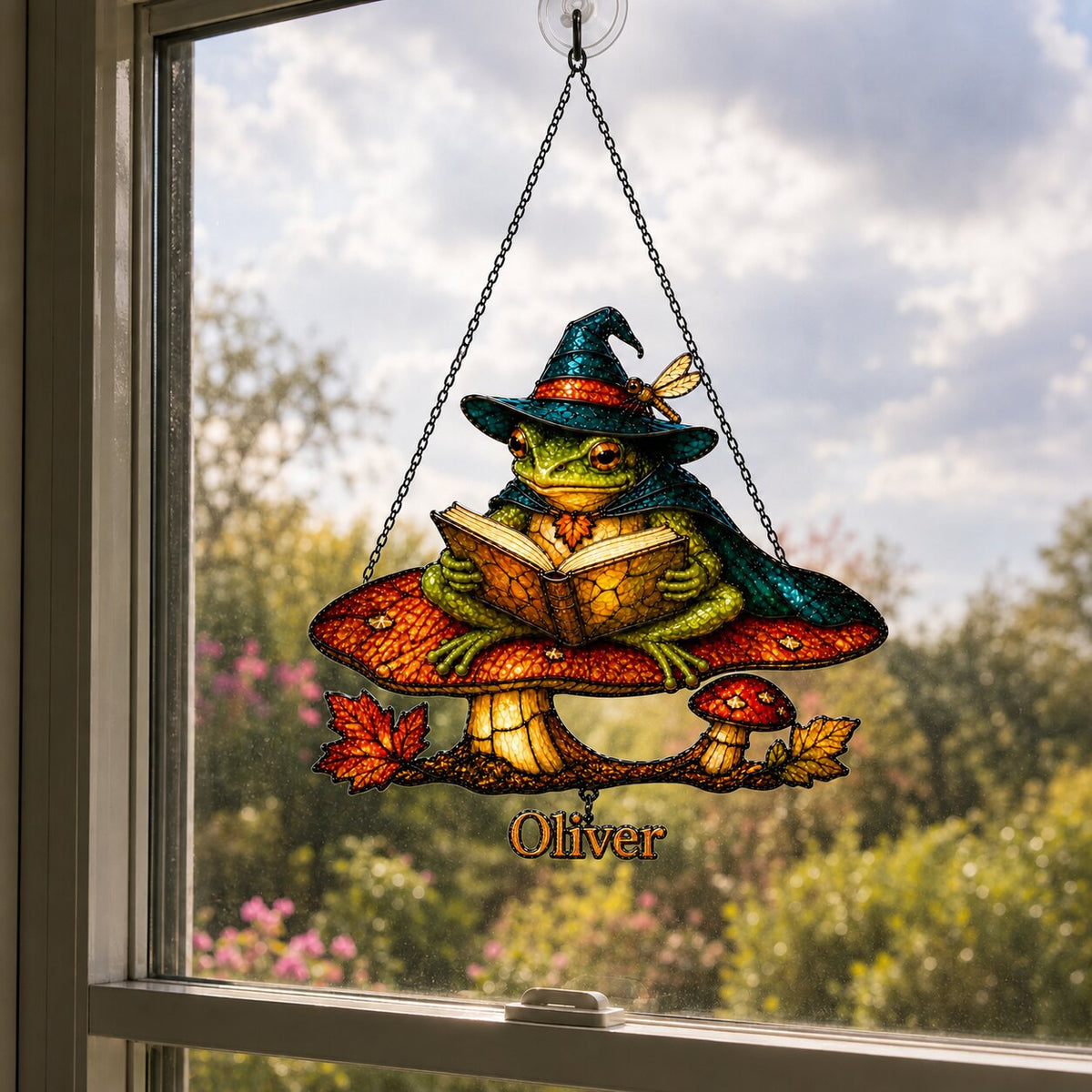 Witch Hat Frog on Mushroom Holographic Acrylic Suncatcher