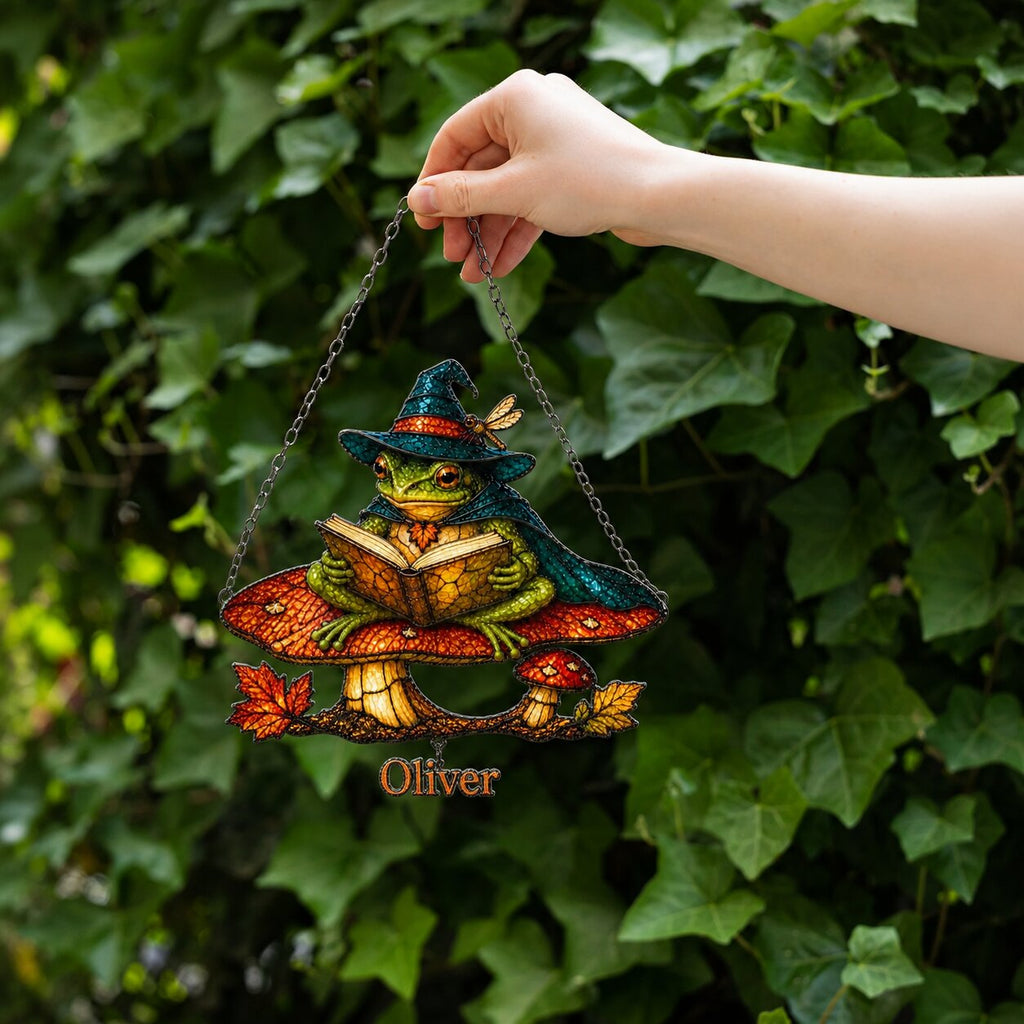 Witch Hat Frog on Mushroom Holographic Acrylic Suncatcher