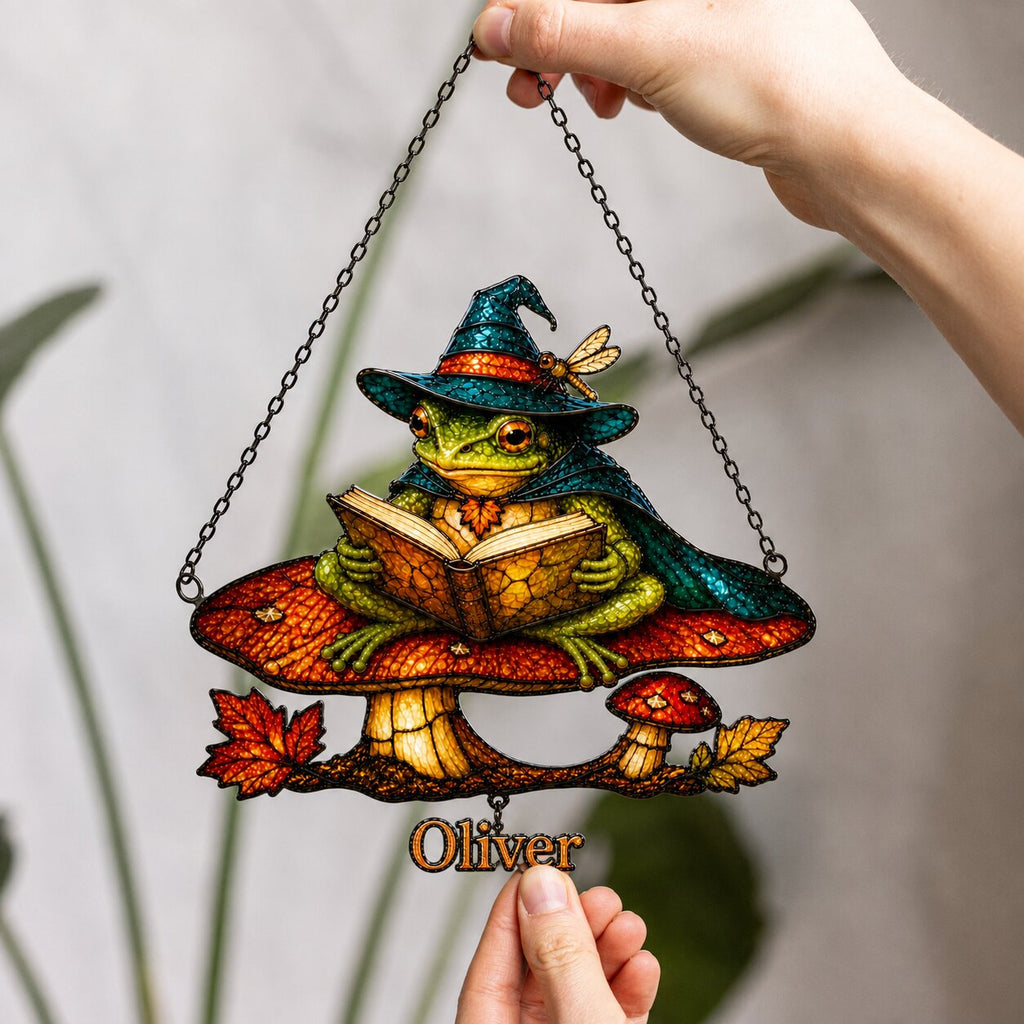 Witch Hat Frog on Mushroom Holographic Acrylic Suncatcher