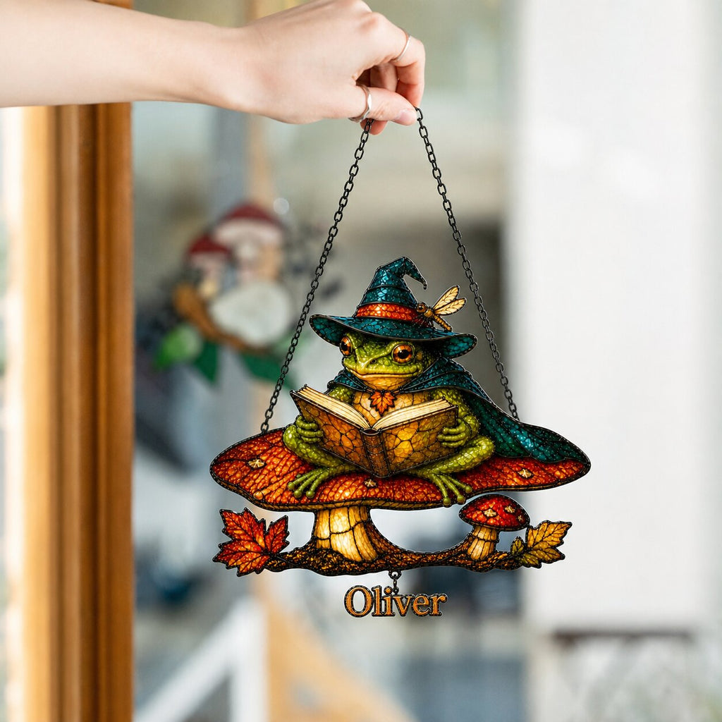Witch Hat Frog on Mushroom Holographic Acrylic Suncatcher