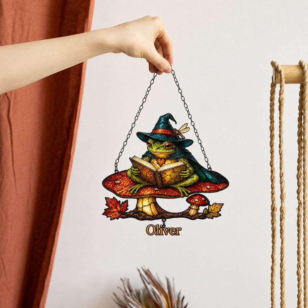 Witch Hat Frog on Mushroom Holographic Acrylic Suncatcher