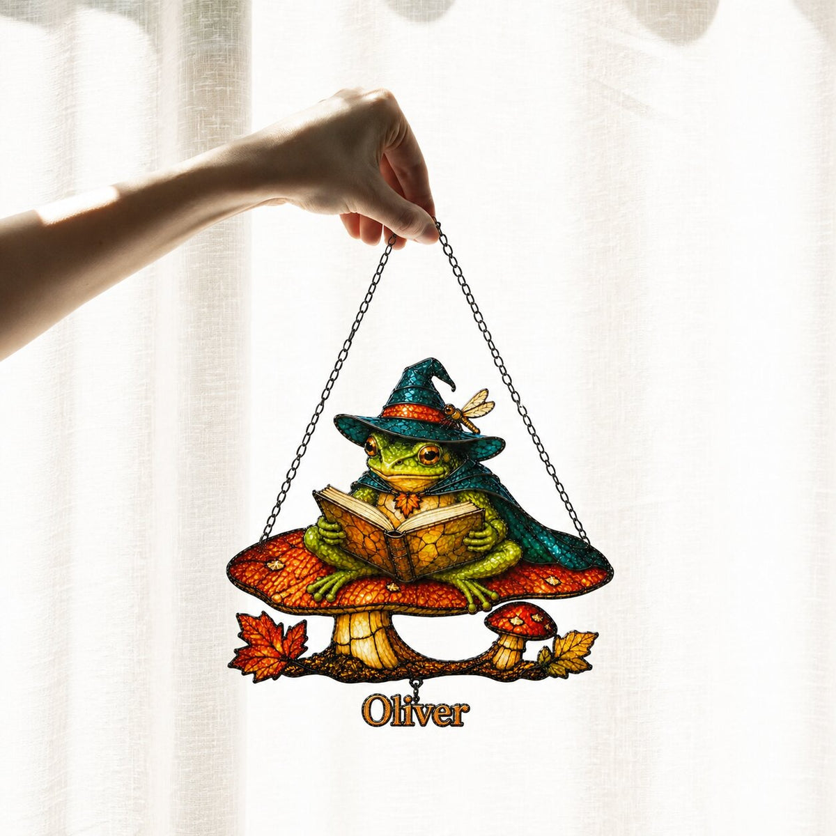 Witch Hat Frog on Mushroom Holographic Acrylic Suncatcher