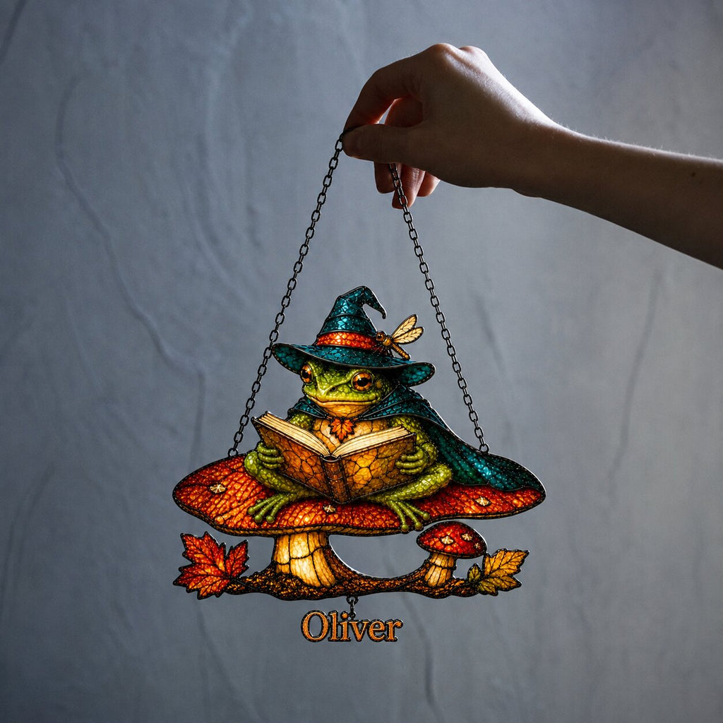 Witch Hat Frog on Mushroom Holographic Acrylic Suncatcher