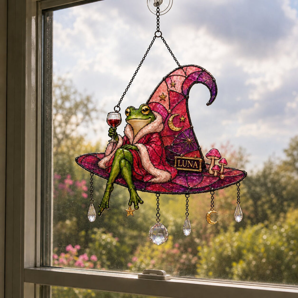 Personalized Frog on Witch Hat with Wine Holographic Acrylic Suncatcher