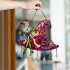 Personalized Frog on Witch Hat with Wine Holographic Acrylic Suncatcher