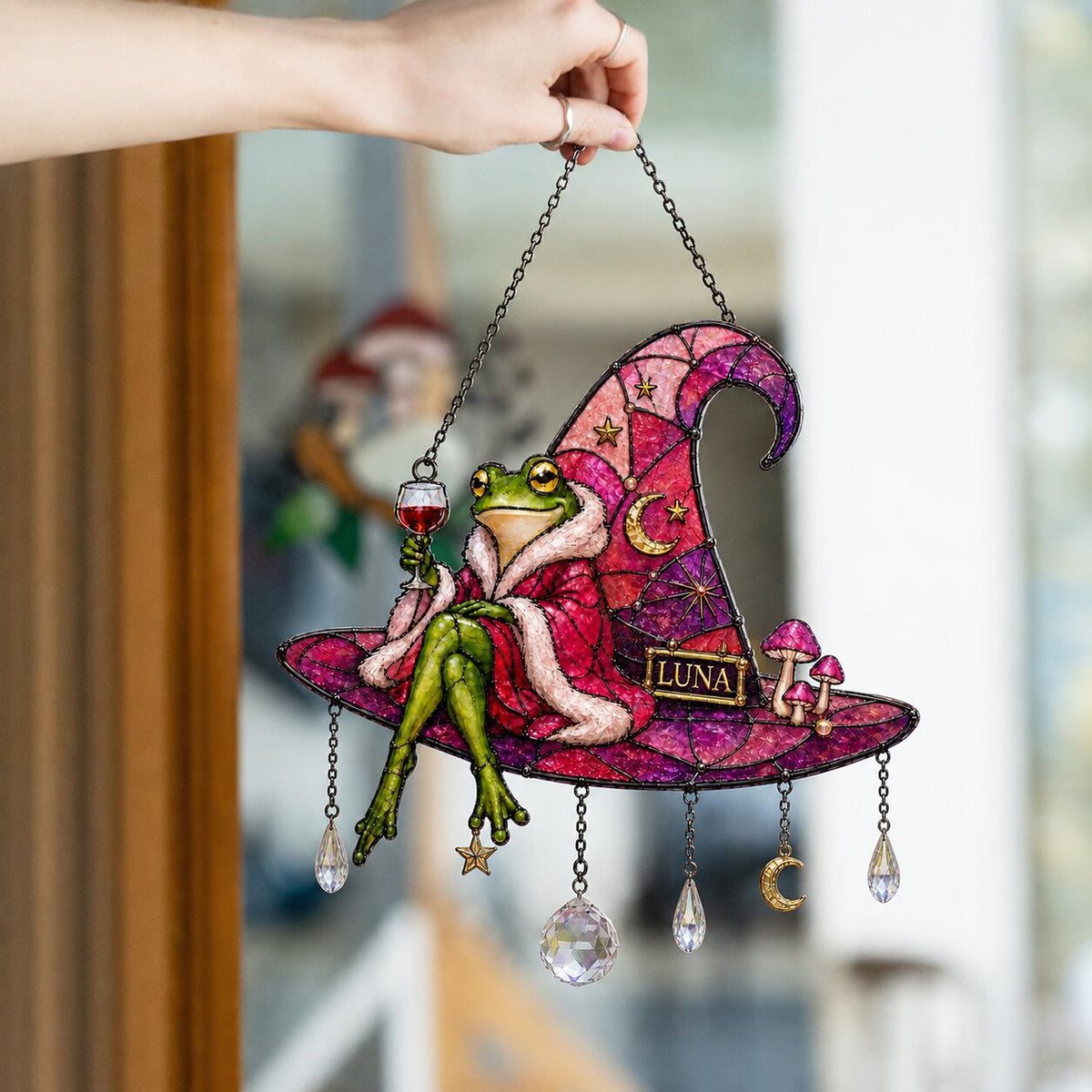 Personalized Frog on Witch Hat with Wine Holographic Acrylic Suncatcher