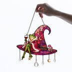 Personalized Frog on Witch Hat with Wine Holographic Acrylic Suncatcher