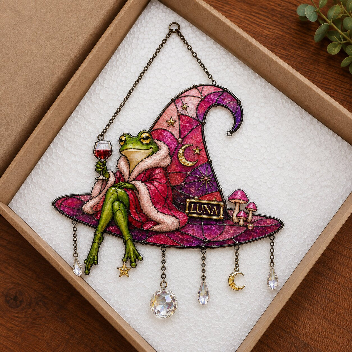 Personalized Frog on Witch Hat with Wine Holographic Acrylic Suncatcher