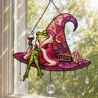 Personalized Frog on Witch Hat with Wine Holographic Acrylic Suncatcher