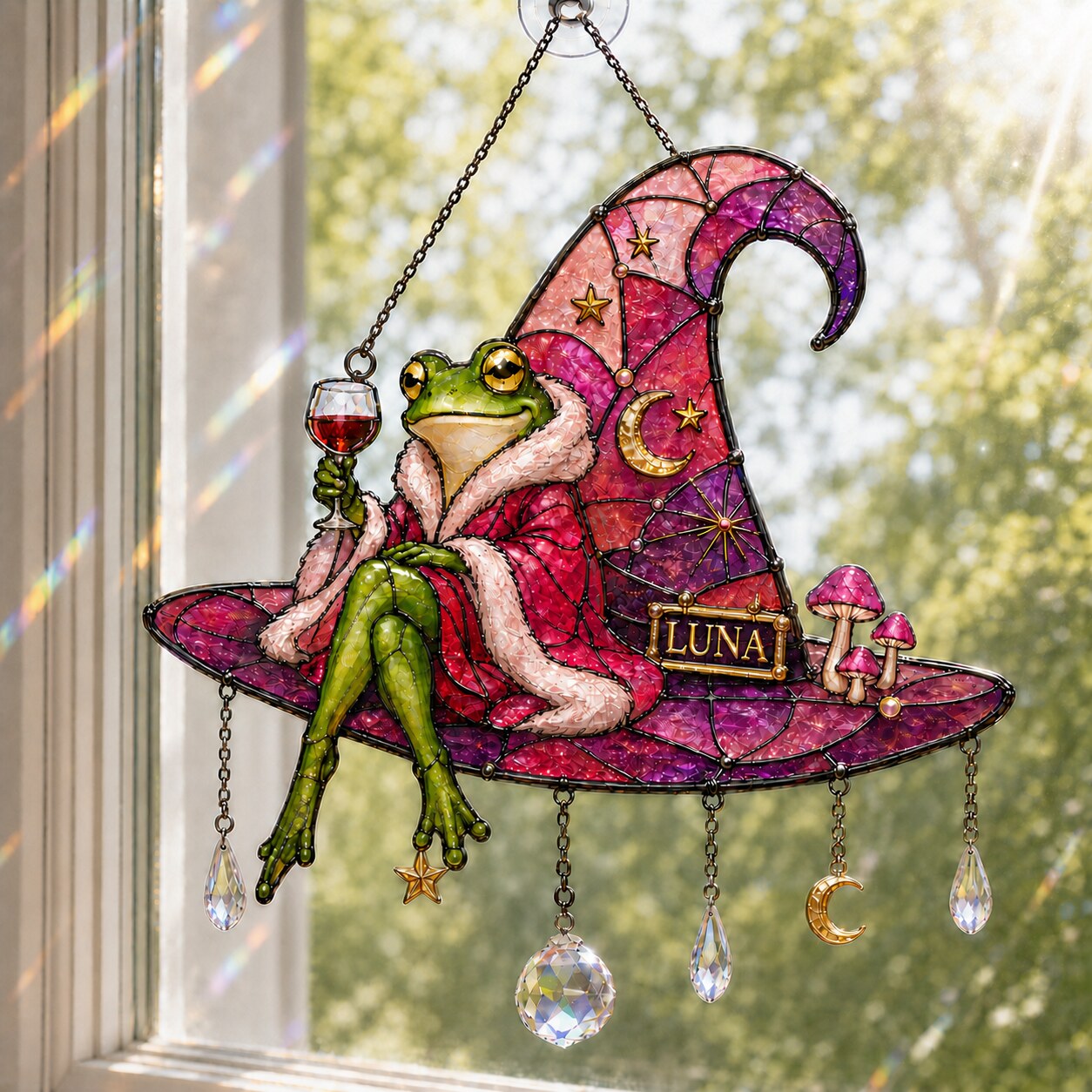 Personalized Frog on Witch Hat with Wine Holographic Acrylic Suncatcher