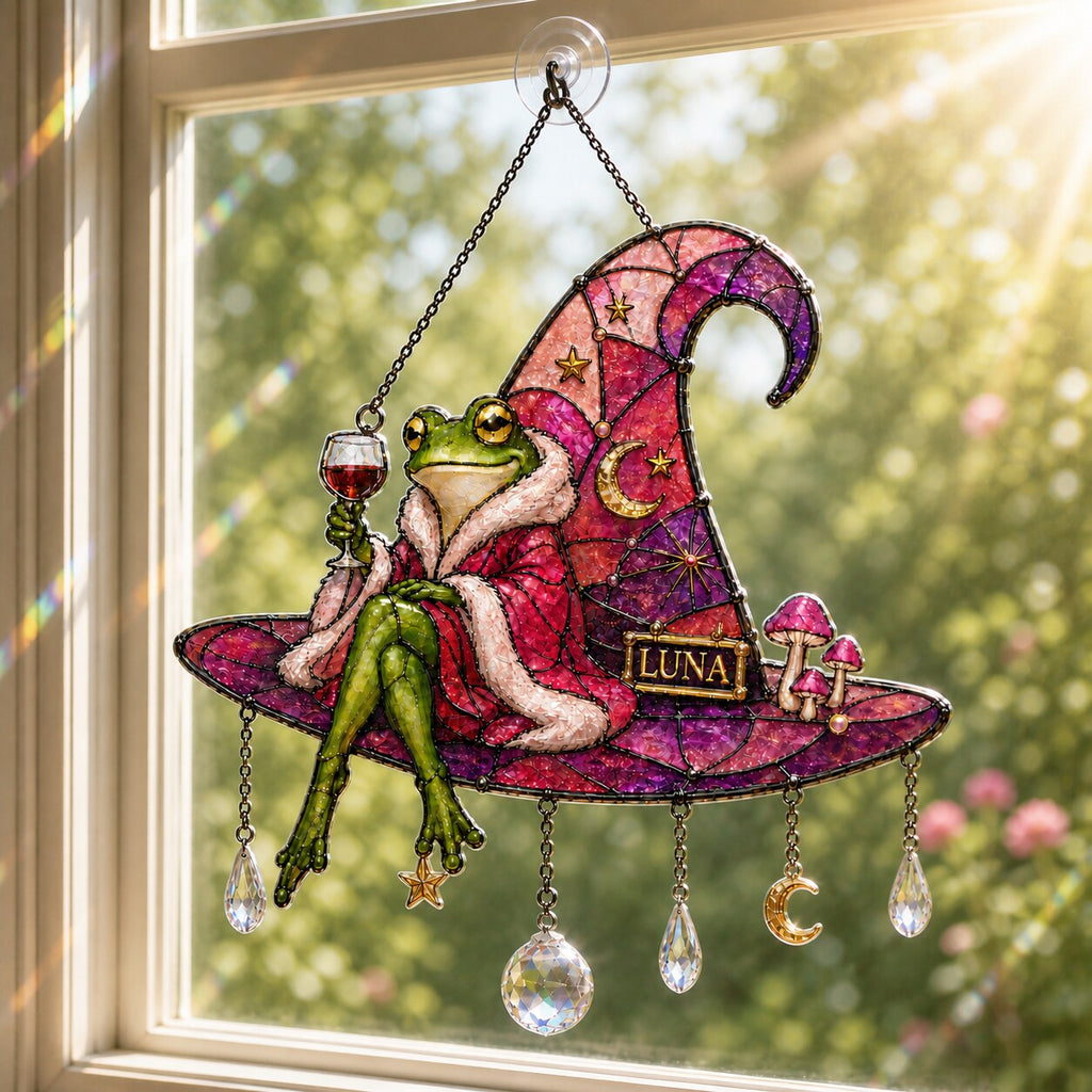 Personalized Frog on Witch Hat with Wine Holographic Acrylic Suncatcher