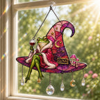 Personalized Frog on Witch Hat with Wine Holographic Acrylic Suncatcher