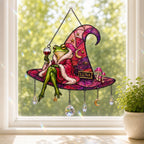 Personalized Frog on Witch Hat with Wine Holographic Acrylic Suncatcher